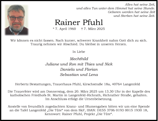 Traueranzeige von Rainer Pfuhl von Tageszeitung