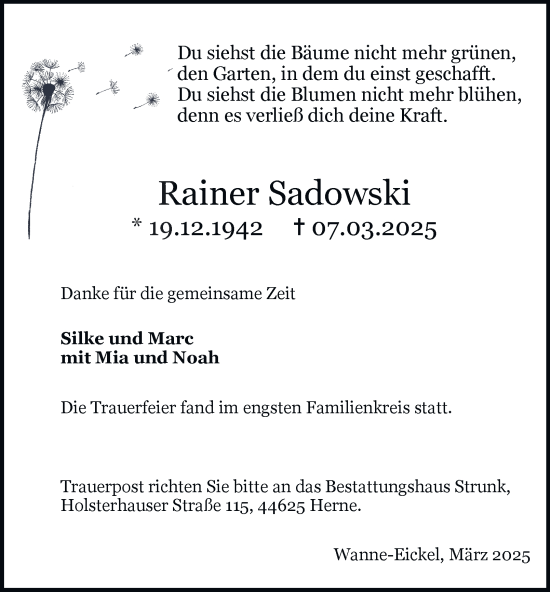 Traueranzeige von Rainer Sadowski von Tageszeitung