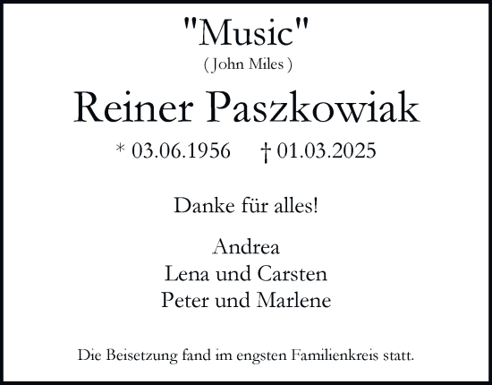 Traueranzeige von Reiner Paszkowiak von Tageszeitung