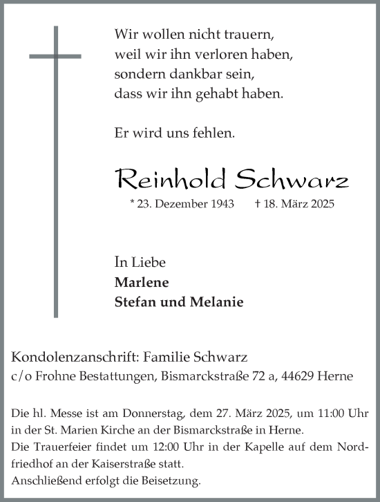 Traueranzeige von Reinhold Schwarz von Tageszeitung