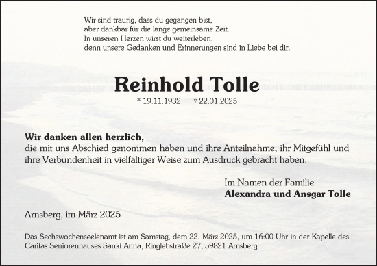 Traueranzeige von Reinhold Tolle von Tageszeitung