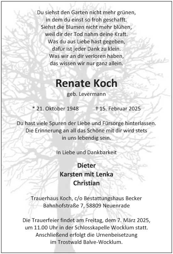 Traueranzeige von Renate Koch von Tageszeitung