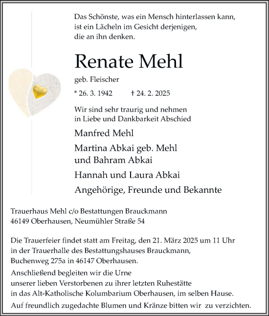Traueranzeige von Renate Mehl von Tageszeitung