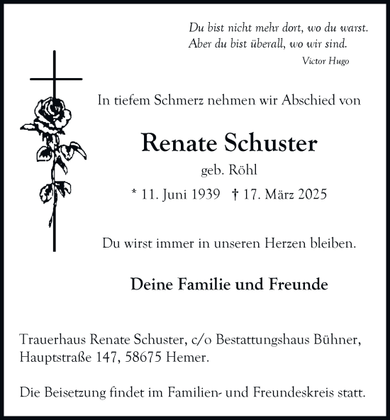 Traueranzeige von Renate Schuster von Tageszeitung