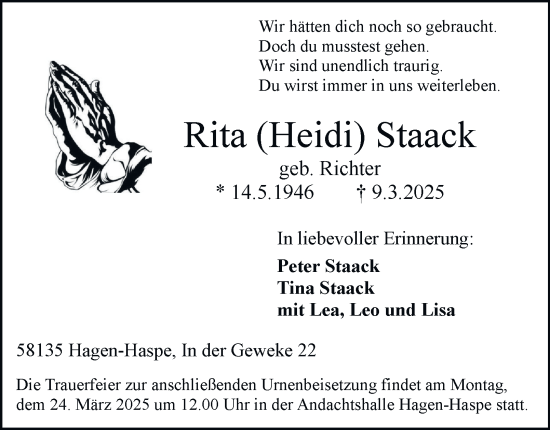 Traueranzeige von Heidi Staack von Tageszeitung