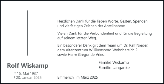 Traueranzeige von Rolf Wiskamp von Tageszeitung
