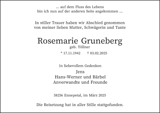 Traueranzeige von Rosemarie Gruneberg von Tageszeitung
