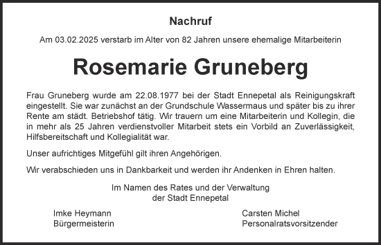 Traueranzeige von Rosemarie Gruneberg von Tageszeitung