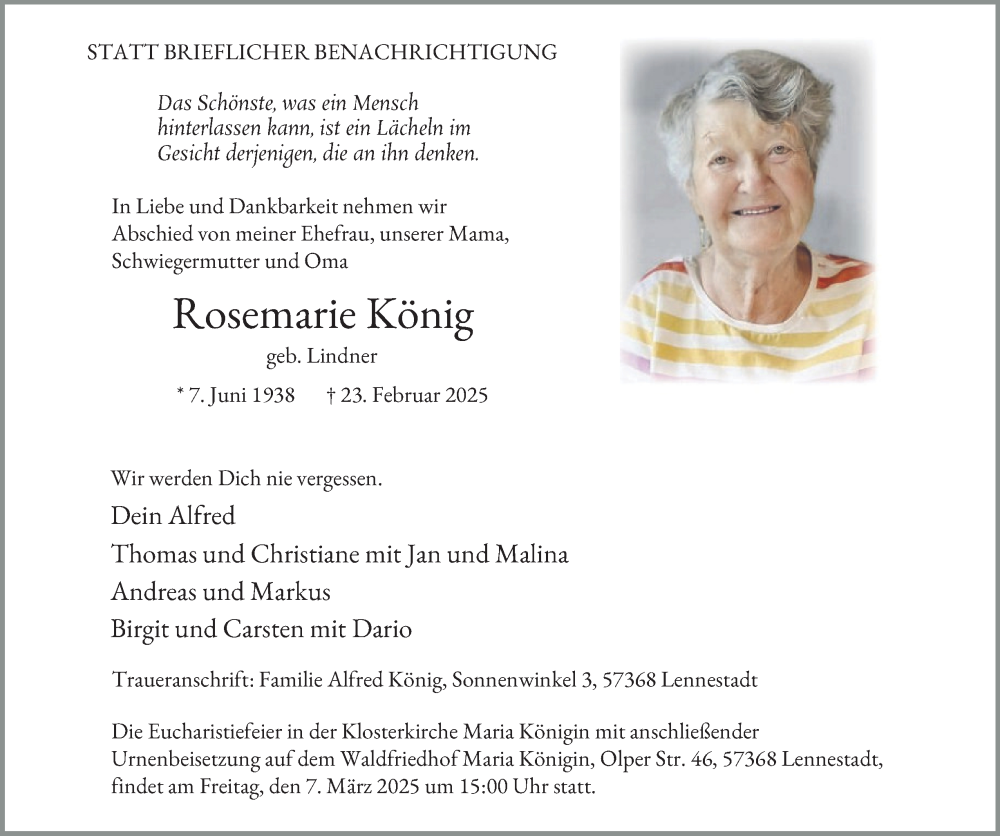  Traueranzeige für Rosemarie König vom 01.03.2025 aus Tageszeitung