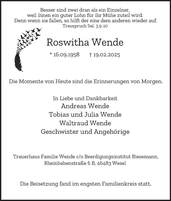Traueranzeige von Roswitha Wende von Tageszeitung