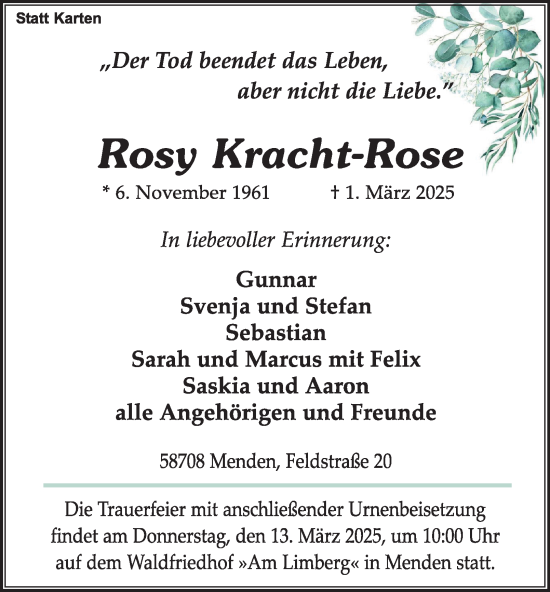 Traueranzeige von Rosy Kracht-Rose von Tageszeitung