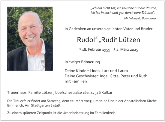 Traueranzeige von Rudi Lützen von Tageszeitung