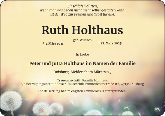 Traueranzeige von Ruth Holthaus von Tageszeitung