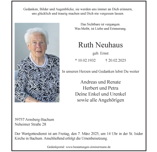 Traueranzeige von Ruth Neuhaus von Tageszeitung