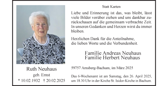Traueranzeige von Ruth Neuhaus von Tageszeitung