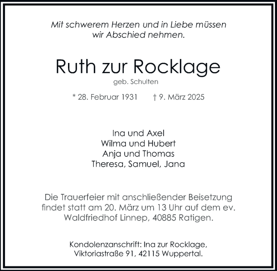 Traueranzeige von Ruth zur Rocklage von Tageszeitung