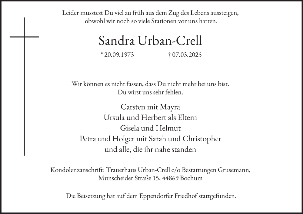  Traueranzeige für Sandra Urban-Crell vom 22.03.2025 aus Tageszeitung