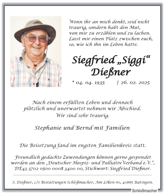 Traueranzeige von Siegfried Dießner von Tageszeitung