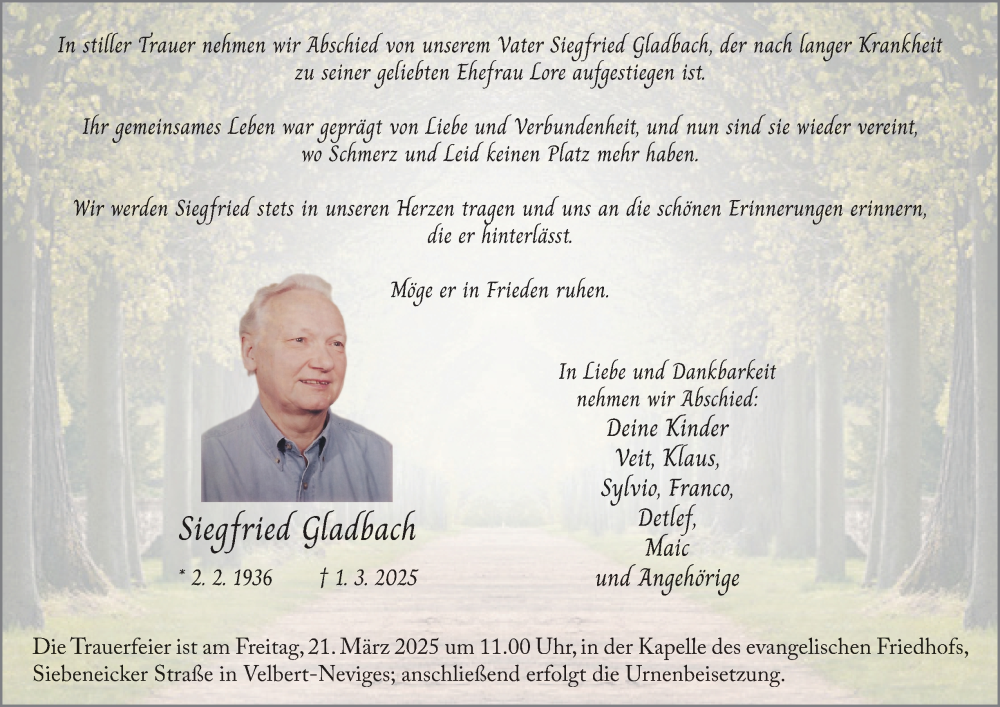  Traueranzeige für Siegfried Gladbach vom 15.03.2025 aus Tageszeitung