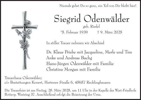 Traueranzeige von Siegrid Odenwälder von Tageszeitung