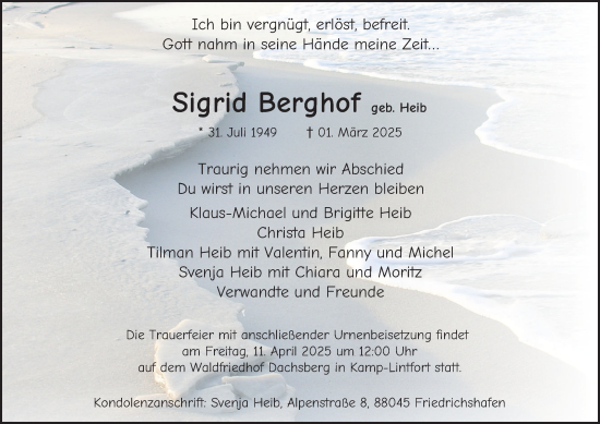 Traueranzeige von Sigrid Berghof von Tageszeitung