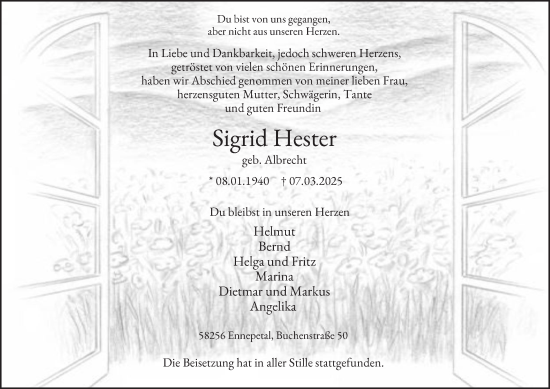 Traueranzeige von Sigrid Hester von Tageszeitung