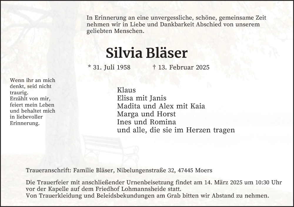  Traueranzeige für Silvia Bläser vom 01.03.2025 aus Tageszeitung