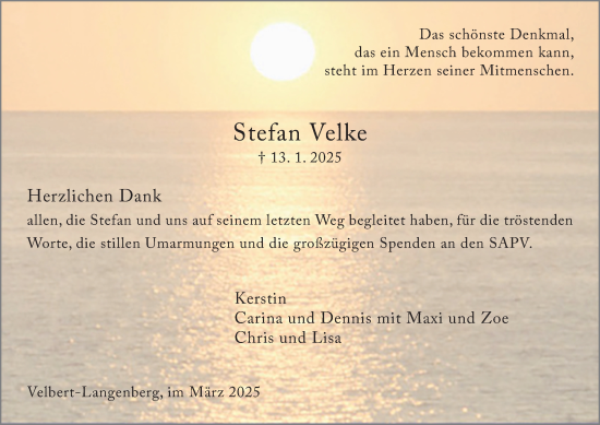 Traueranzeige von Stefan Velke von Tageszeitung