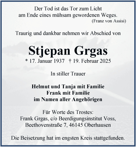 Traueranzeige von Stjepan Grgas von Tageszeitung