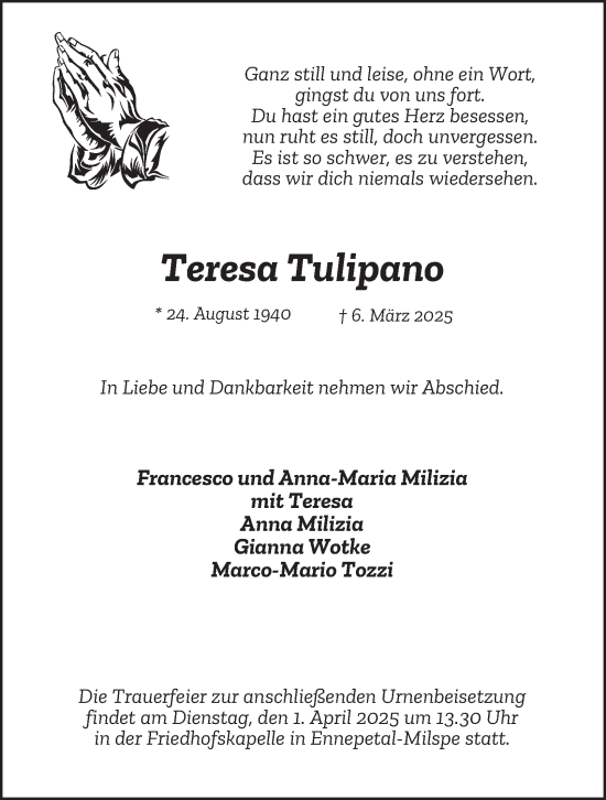 Traueranzeige von Teresa Tulipano von Tageszeitung