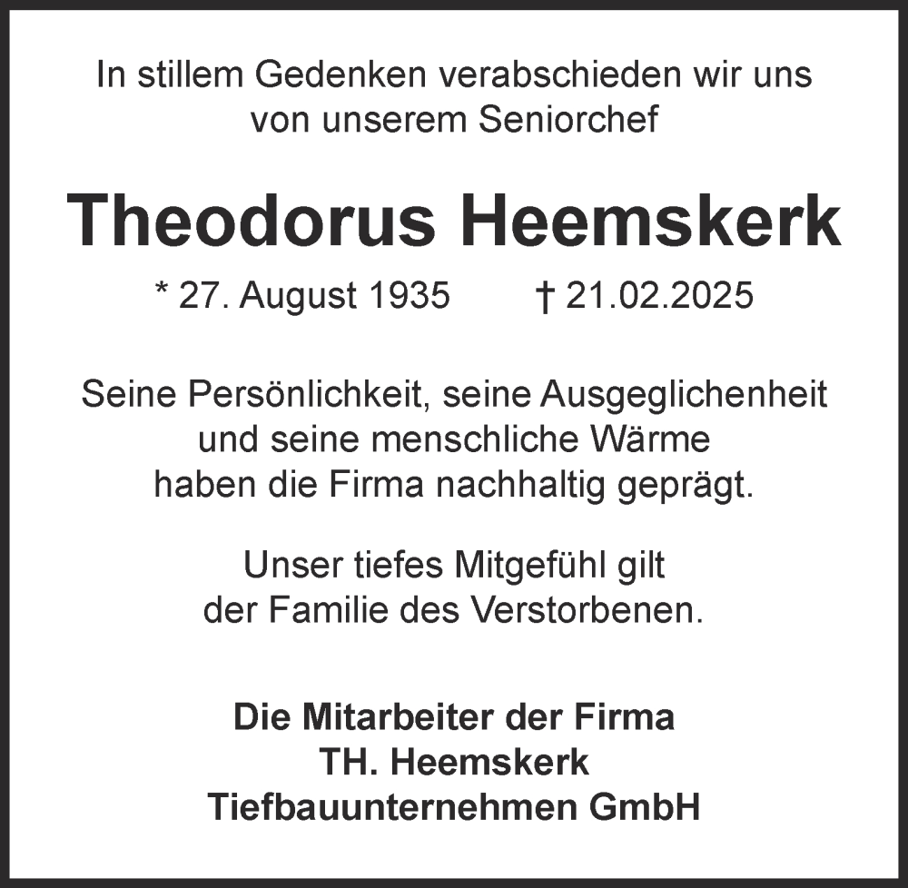  Traueranzeige für Theodorus Heemskerk vom 11.03.2025 aus Tageszeitung