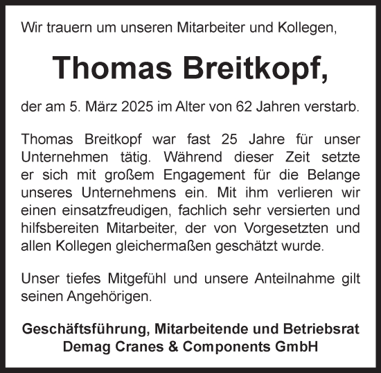Traueranzeige von Thomas Breitkopf von Tageszeitung