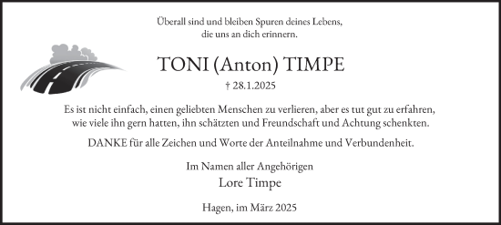 Traueranzeige von Toni Timpe von Tageszeitung