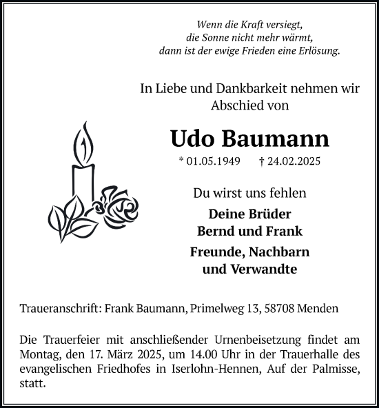 Traueranzeige von Udo Baumann von Tageszeitung