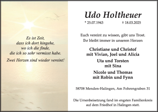 Traueranzeige von Udo Holtheuer von Tageszeitung