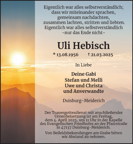 Traueranzeige von Uli Hebisch von Tageszeitung