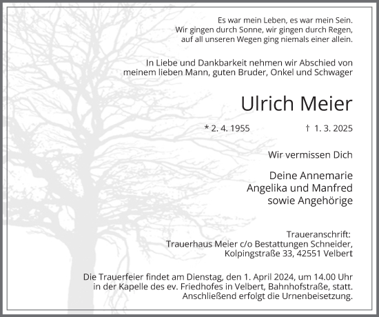 Traueranzeige von Ulrich Meier von Tageszeitung