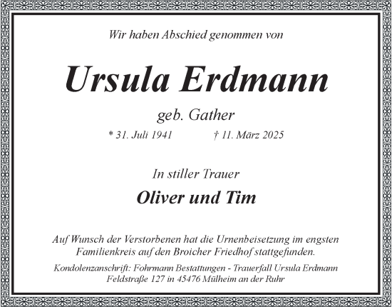 Traueranzeige von Ursula Erdmann von Tageszeitung