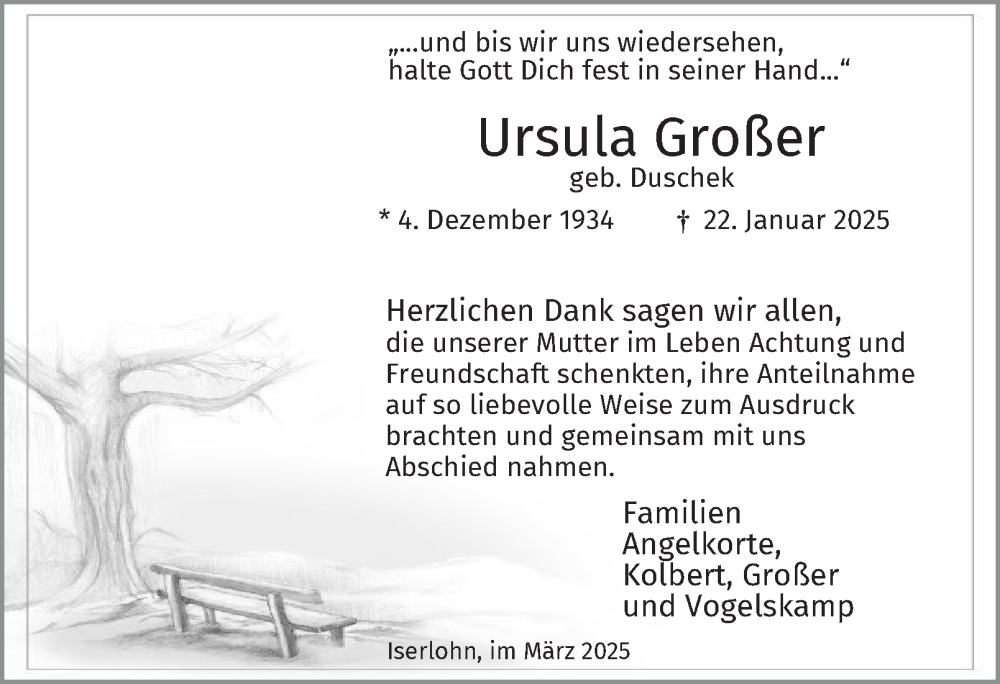  Traueranzeige für Ursula Großer vom 15.03.2025 aus Tageszeitung