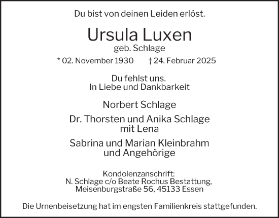 Traueranzeige von Ursula Luxen von Tageszeitung
