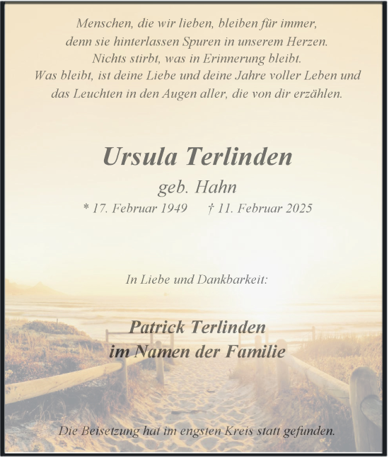 Traueranzeige von Ursula Terlinden von Tageszeitung