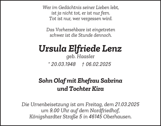 Traueranzeige von Ursula Elfriede Lenz von Tageszeitung