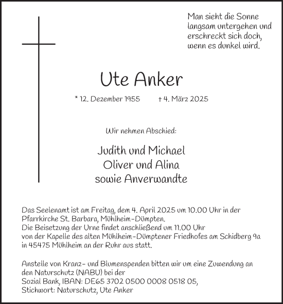 Traueranzeige von Ute Anker von Tageszeitung