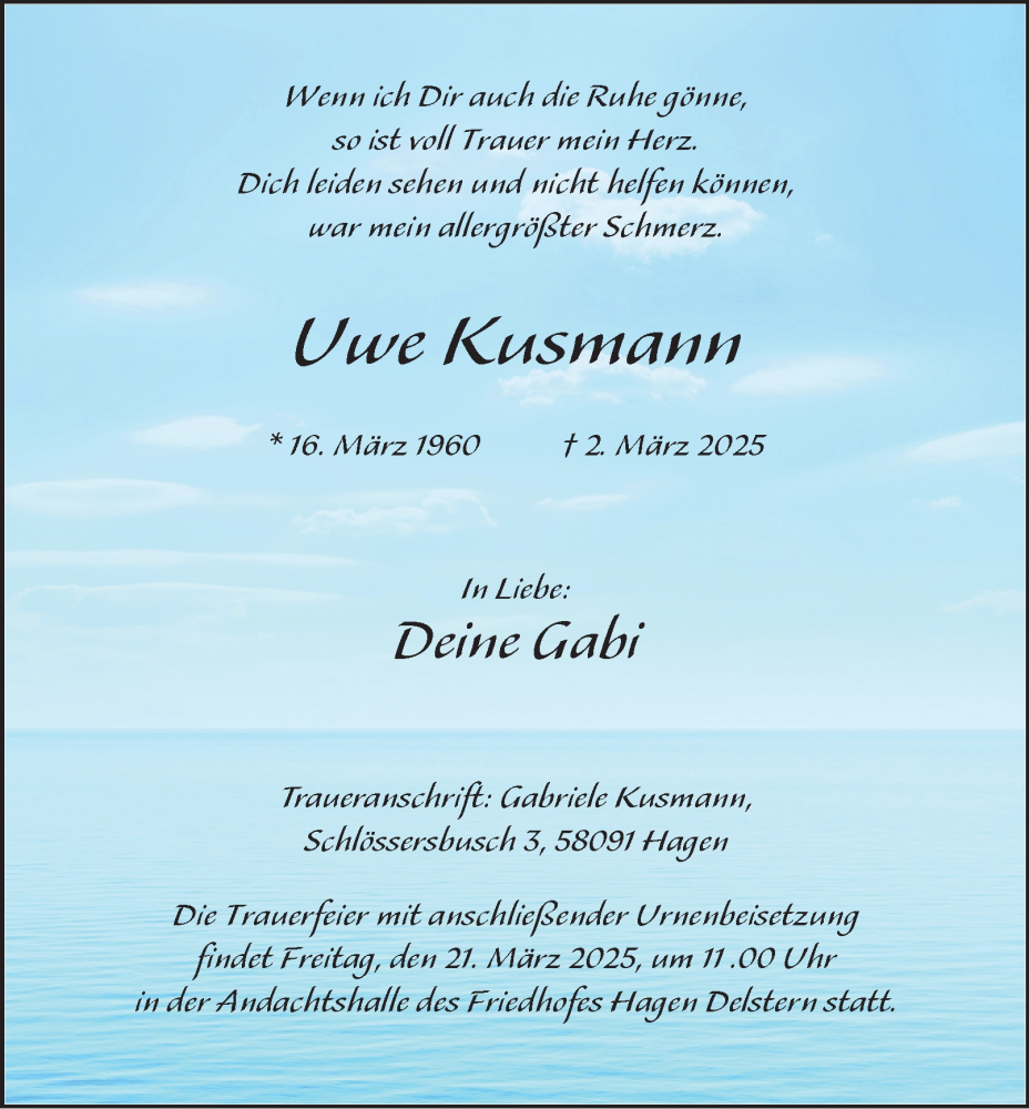  Traueranzeige für Uwe Kusmann vom 15.03.2025 aus Tageszeitung