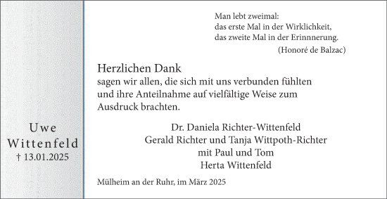 Traueranzeige von Uwe Wittenfeld von Tageszeitung