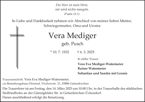 Traueranzeige von Vera Mediger von Tageszeitung