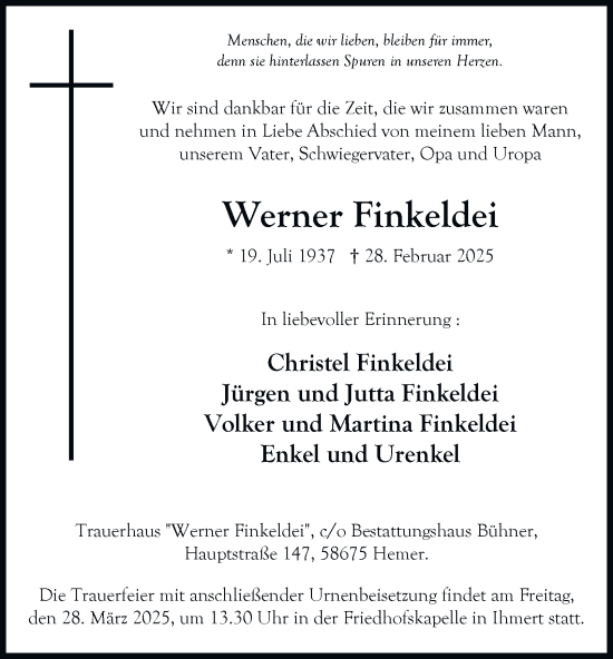 Traueranzeige von Werner Finkeldei von Tageszeitung