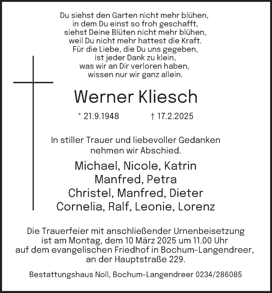  Traueranzeige für Werner Kliesch vom 08.03.2025 aus Tageszeitung