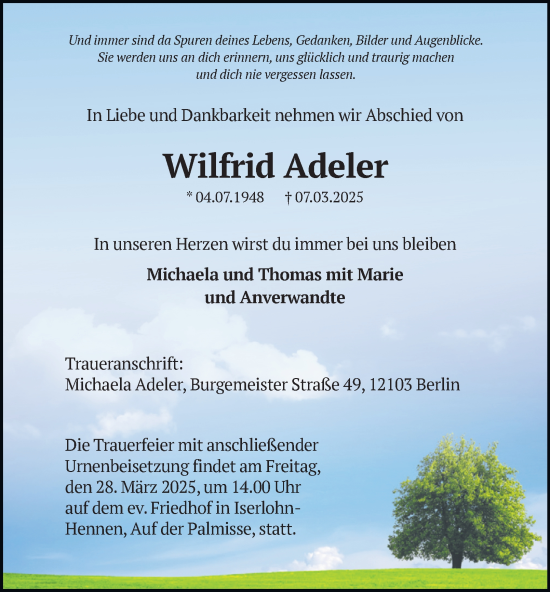 Traueranzeige von Wilfrid Adeler von Tageszeitung