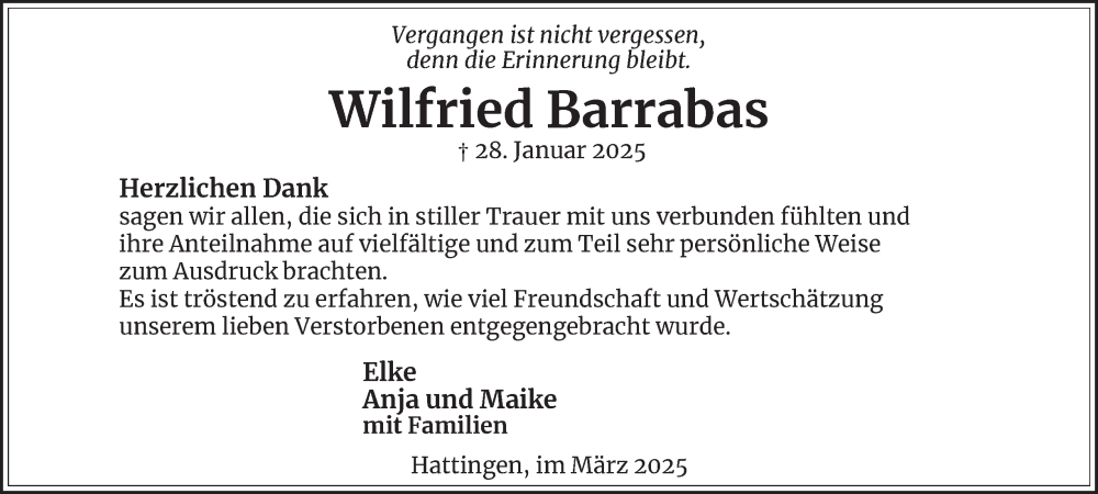  Traueranzeige für Wilfried Barrabas vom 15.03.2025 aus Tageszeitung